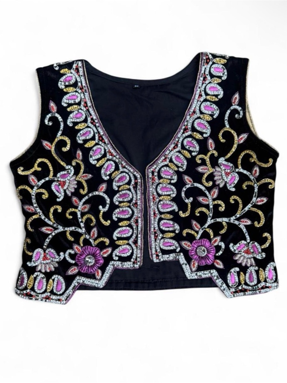 Vintage Kurdish Velvet Vest Hand Embroidered Crop Boho Festival Gold Zari Small